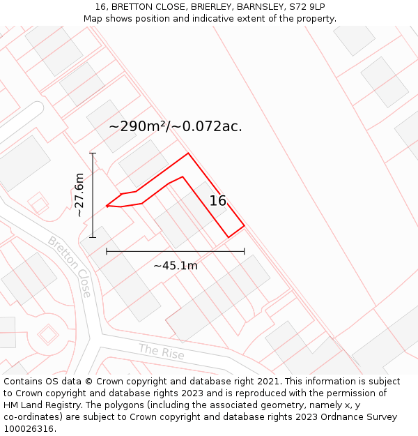 16, BRETTON CLOSE, BRIERLEY, BARNSLEY, S72 9LP: Plot and title map