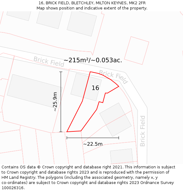 16, BRICK FIELD, BLETCHLEY, MILTON KEYNES, MK2 2FR: Plot and title map