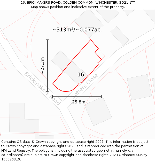 16, BRICKMAKERS ROAD, COLDEN COMMON, WINCHESTER, SO21 1TT: Plot and title map
