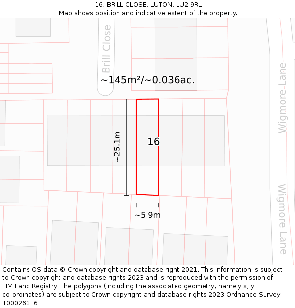 16, BRILL CLOSE, LUTON, LU2 9RL: Plot and title map