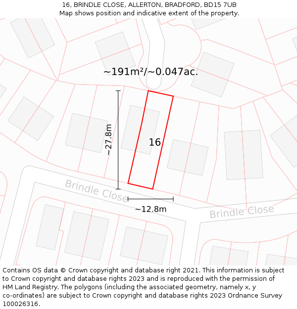 16, BRINDLE CLOSE, ALLERTON, BRADFORD, BD15 7UB: Plot and title map