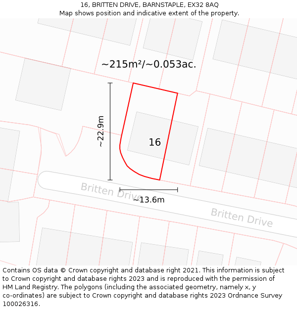 16, BRITTEN DRIVE, BARNSTAPLE, EX32 8AQ: Plot and title map