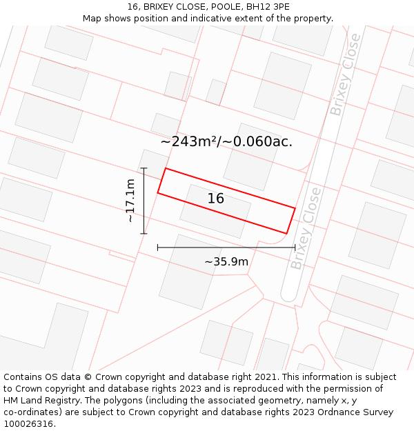 16, BRIXEY CLOSE, POOLE, BH12 3PE: Plot and title map