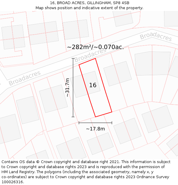 16, BROAD ACRES, GILLINGHAM, SP8 4SB: Plot and title map
