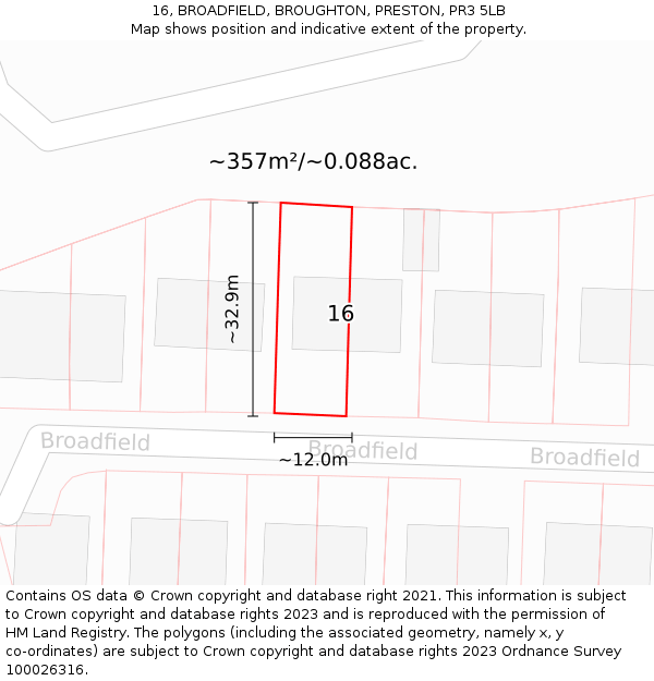 16, BROADFIELD, BROUGHTON, PRESTON, PR3 5LB: Plot and title map