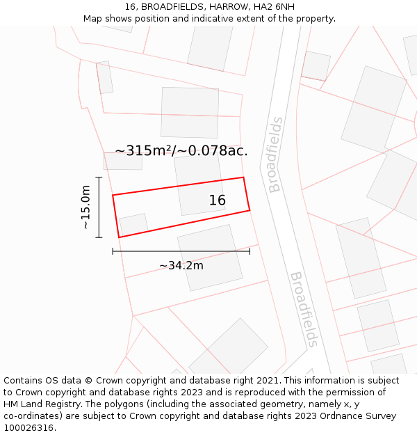 16, BROADFIELDS, HARROW, HA2 6NH: Plot and title map