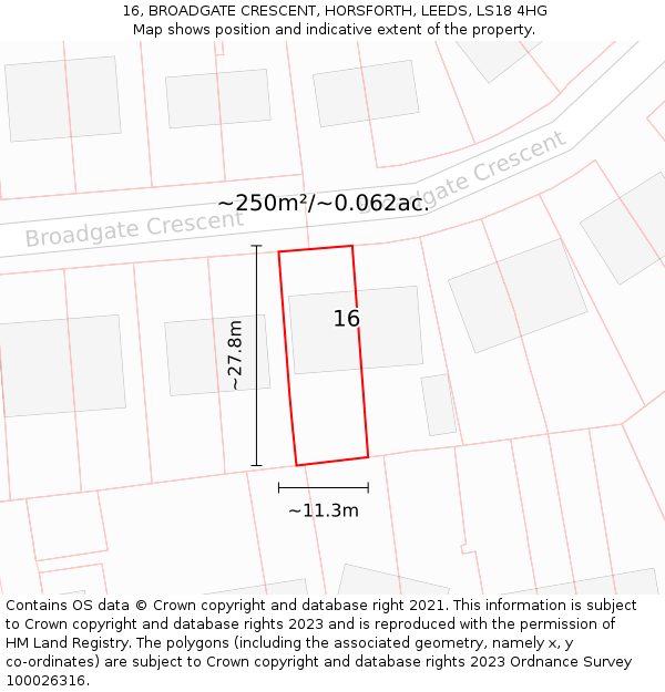 16, BROADGATE CRESCENT, HORSFORTH, LEEDS, LS18 4HG: Plot and title map
