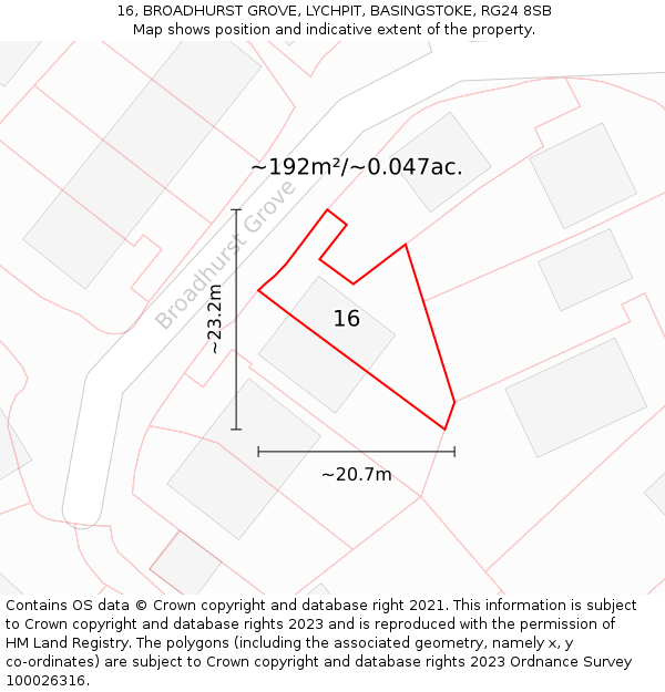 16, BROADHURST GROVE, LYCHPIT, BASINGSTOKE, RG24 8SB: Plot and title map