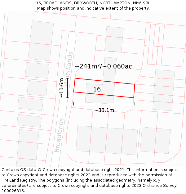 16, BROADLANDS, BRIXWORTH, NORTHAMPTON, NN6 9BH: Plot and title map