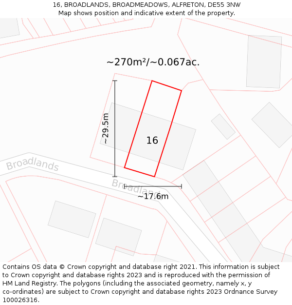 16, BROADLANDS, BROADMEADOWS, ALFRETON, DE55 3NW: Plot and title map
