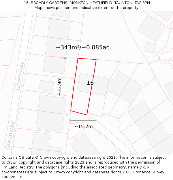 16, BROADLY GARDENS, MONKTON HEATHFIELD, TAUNTON, TA2 8PN: Plot and title map