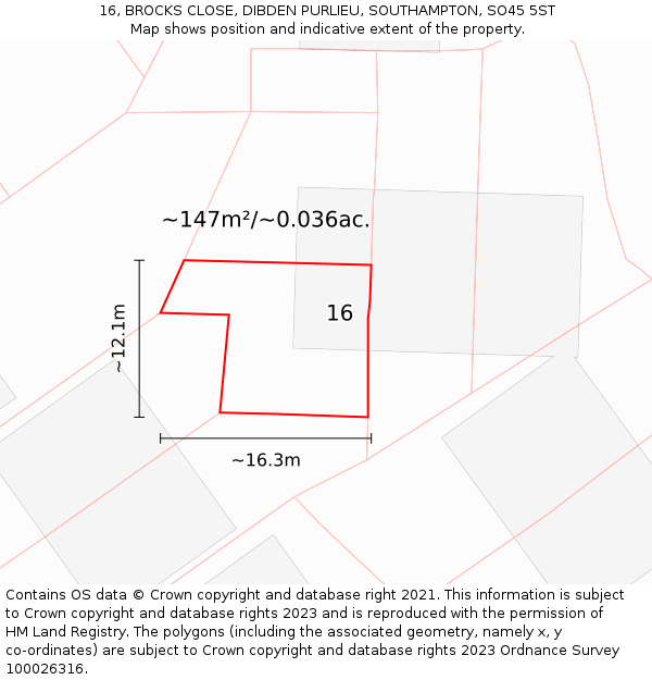 16, BROCKS CLOSE, DIBDEN PURLIEU, SOUTHAMPTON, SO45 5ST: Plot and title map