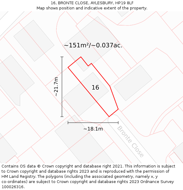 16, BRONTE CLOSE, AYLESBURY, HP19 8LF: Plot and title map