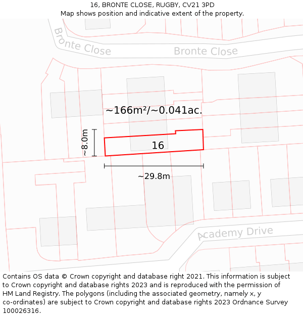 16, BRONTE CLOSE, RUGBY, CV21 3PD: Plot and title map