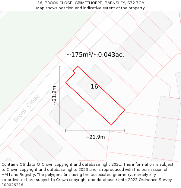 16, BROOK CLOSE, GRIMETHORPE, BARNSLEY, S72 7GA: Plot and title map