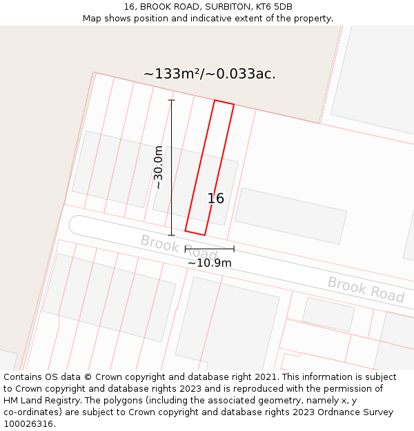 16, BROOK ROAD, SURBITON, KT6 5DB: Plot and title map
