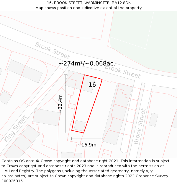 16, BROOK STREET, WARMINSTER, BA12 8DN: Plot and title map