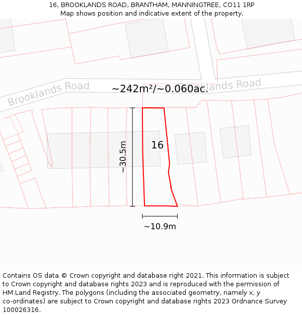 16, BROOKLANDS ROAD, BRANTHAM, MANNINGTREE, CO11 1RP: Plot and title map