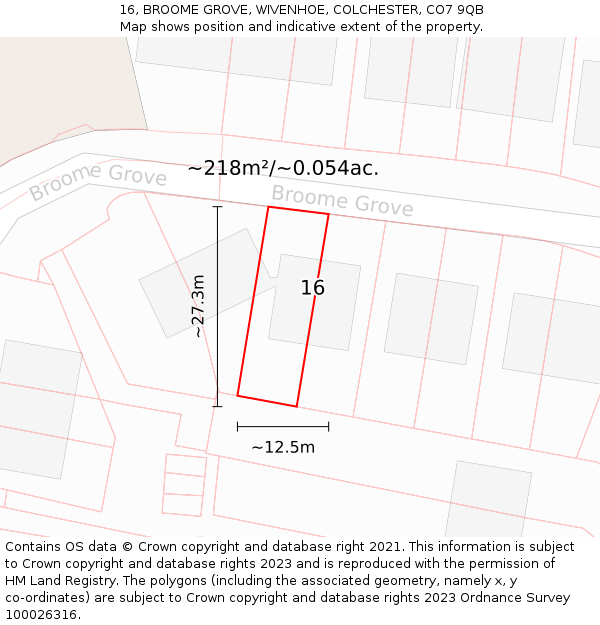 16, BROOME GROVE, WIVENHOE, COLCHESTER, CO7 9QB: Plot and title map