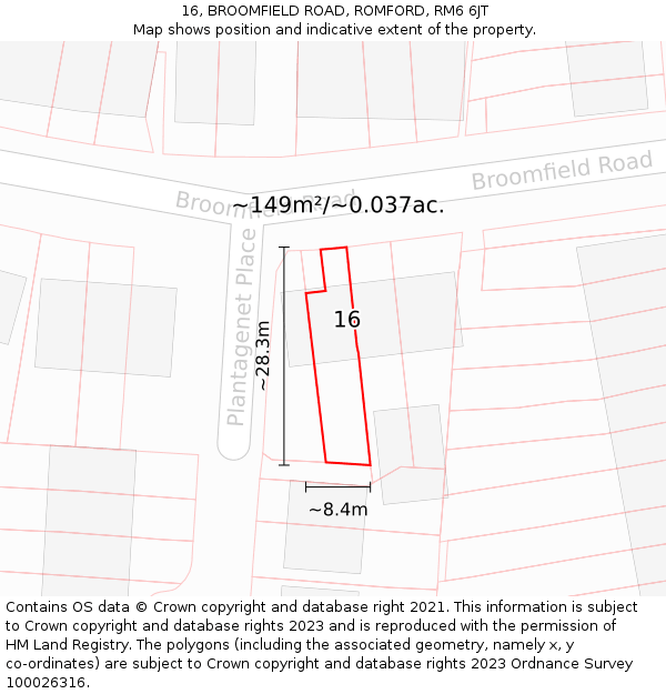 16, BROOMFIELD ROAD, ROMFORD, RM6 6JT: Plot and title map