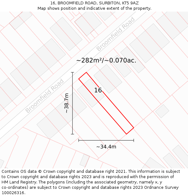 16, BROOMFIELD ROAD, SURBITON, KT5 9AZ: Plot and title map