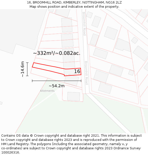 16, BROOMHILL ROAD, KIMBERLEY, NOTTINGHAM, NG16 2LZ: Plot and title map