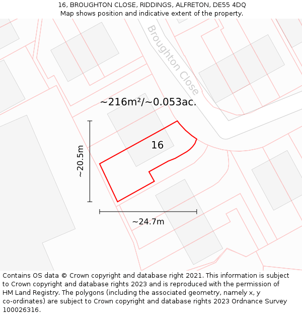 16, BROUGHTON CLOSE, RIDDINGS, ALFRETON, DE55 4DQ: Plot and title map