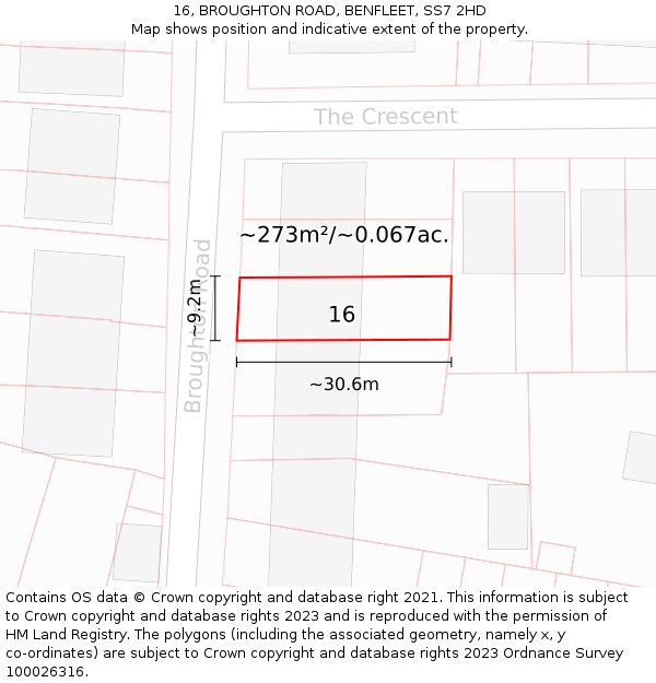 16, BROUGHTON ROAD, BENFLEET, SS7 2HD: Plot and title map