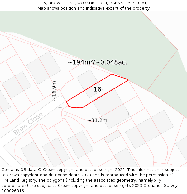 16, BROW CLOSE, WORSBROUGH, BARNSLEY, S70 6TJ: Plot and title map