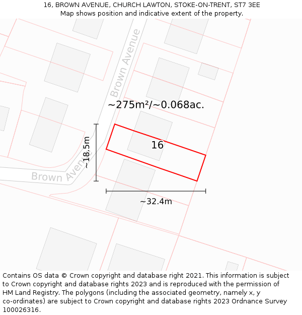 16, BROWN AVENUE, CHURCH LAWTON, STOKE-ON-TRENT, ST7 3EE: Plot and title map