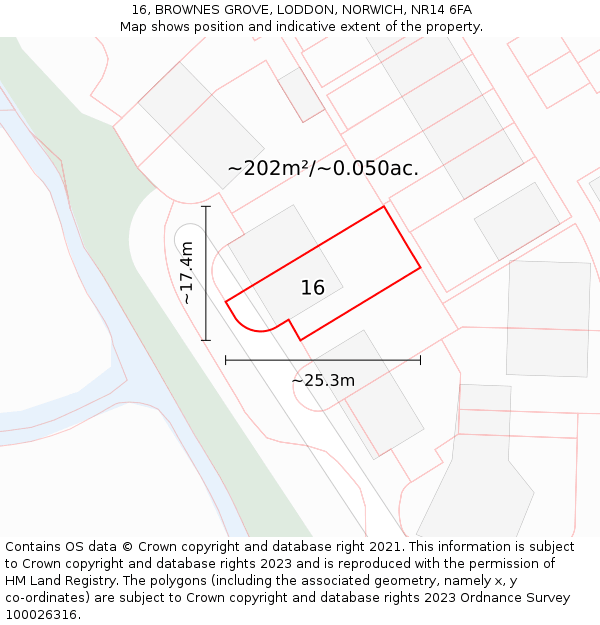 16, BROWNES GROVE, LODDON, NORWICH, NR14 6FA: Plot and title map