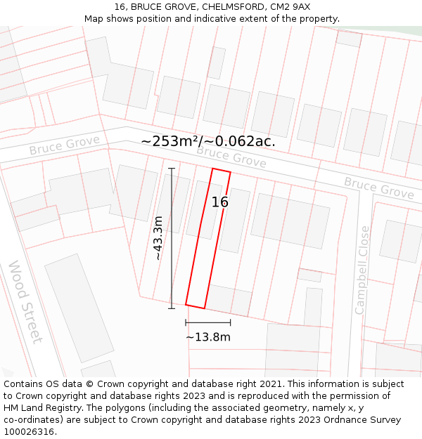 16, BRUCE GROVE, CHELMSFORD, CM2 9AX: Plot and title map