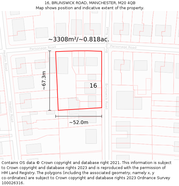 16, BRUNSWICK ROAD, MANCHESTER, M20 4QB: Plot and title map