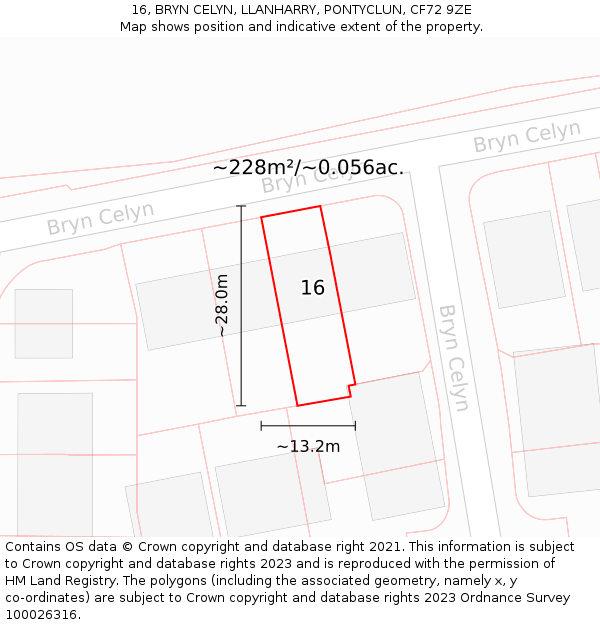 16, BRYN CELYN, LLANHARRY, PONTYCLUN, CF72 9ZE: Plot and title map
