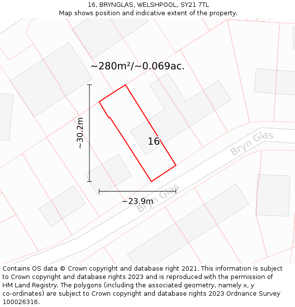 16, BRYNGLAS, WELSHPOOL, SY21 7TL: Plot and title map