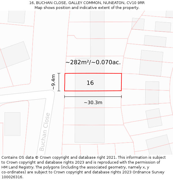 16, BUCHAN CLOSE, GALLEY COMMON, NUNEATON, CV10 9RR: Plot and title map