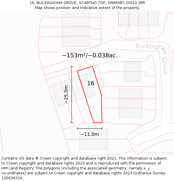 16, BUCKINGHAM GROVE, SCARTHO TOP, GRIMSBY, DN33 3RR: Plot and title map