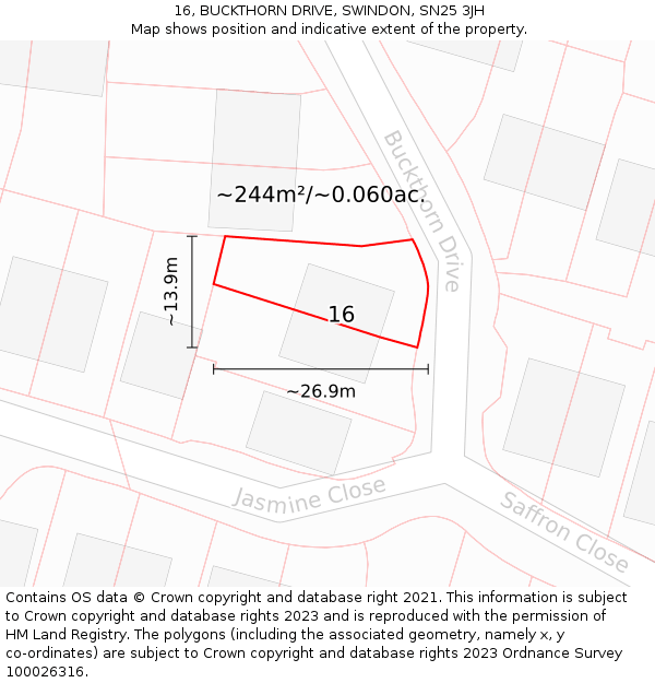 16, BUCKTHORN DRIVE, SWINDON, SN25 3JH: Plot and title map