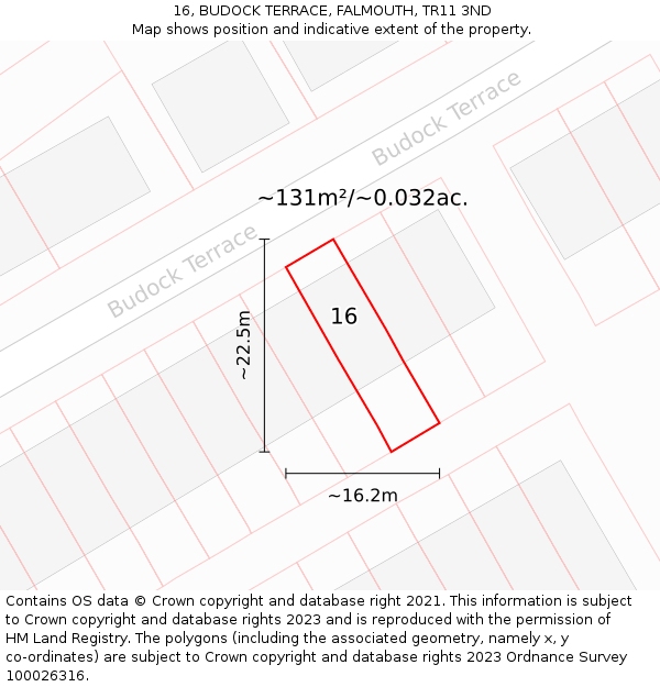 16, BUDOCK TERRACE, FALMOUTH, TR11 3ND: Plot and title map