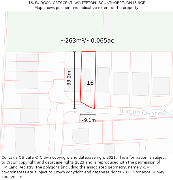 16, BURGON CRESCENT, WINTERTON, SCUNTHORPE, DN15 9GB: Plot and title map