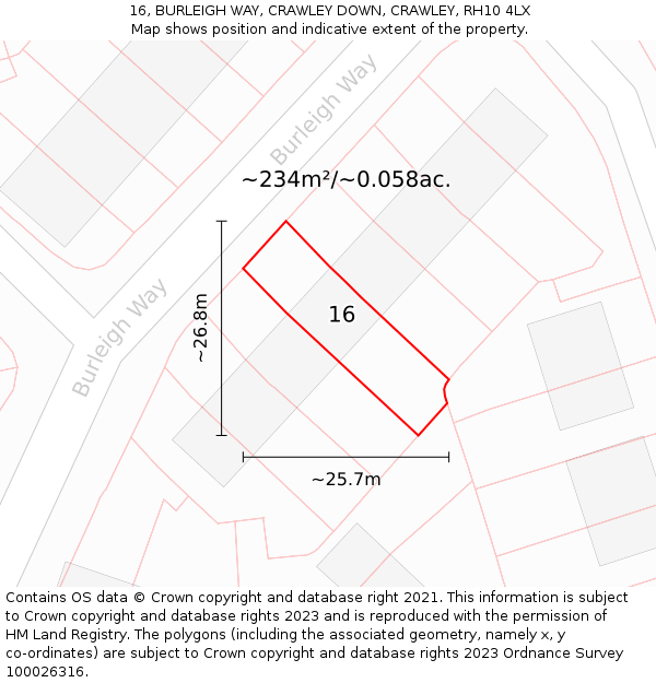 16, BURLEIGH WAY, CRAWLEY DOWN, CRAWLEY, RH10 4LX: Plot and title map