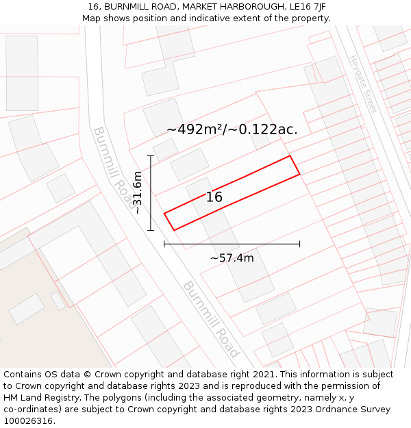 16, BURNMILL ROAD, MARKET HARBOROUGH, LE16 7JF: Plot and title map