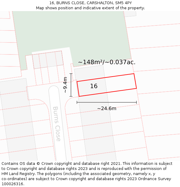 16, BURNS CLOSE, CARSHALTON, SM5 4PY: Plot and title map