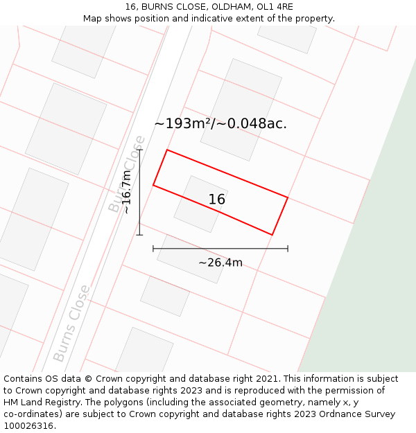 16, BURNS CLOSE, OLDHAM, OL1 4RE: Plot and title map