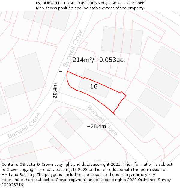 16, BURWELL CLOSE, PONTPRENNAU, CARDIFF, CF23 8NS: Plot and title map