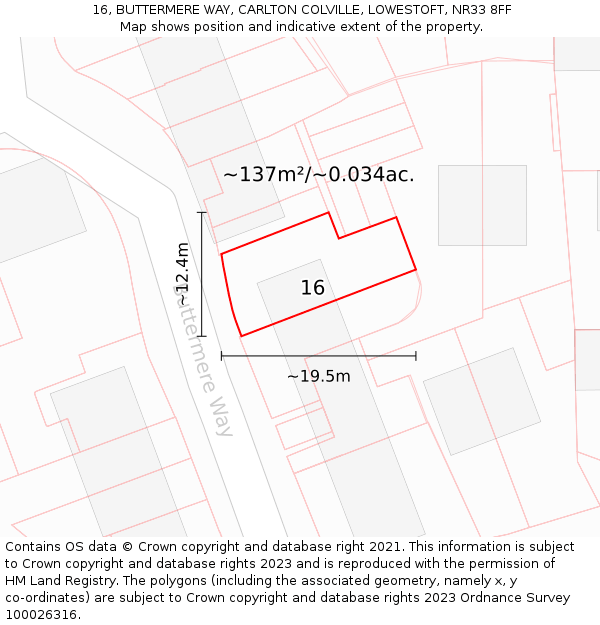 16, BUTTERMERE WAY, CARLTON COLVILLE, LOWESTOFT, NR33 8FF: Plot and title map