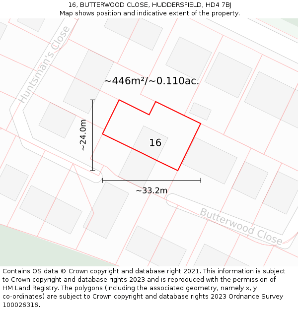 16, BUTTERWOOD CLOSE, HUDDERSFIELD, HD4 7BJ: Plot and title map