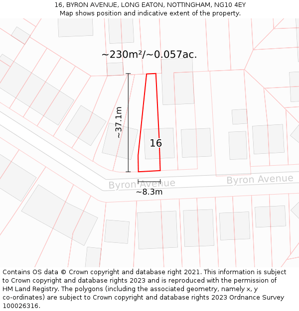 16, BYRON AVENUE, LONG EATON, NOTTINGHAM, NG10 4EY: Plot and title map