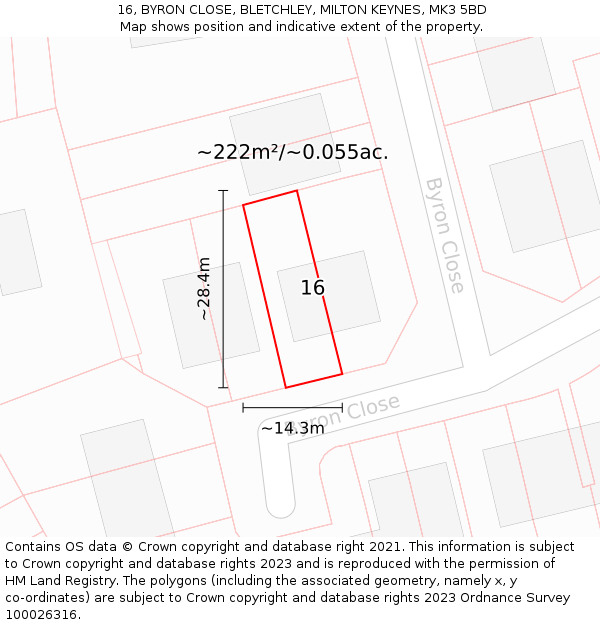 16, BYRON CLOSE, BLETCHLEY, MILTON KEYNES, MK3 5BD: Plot and title map