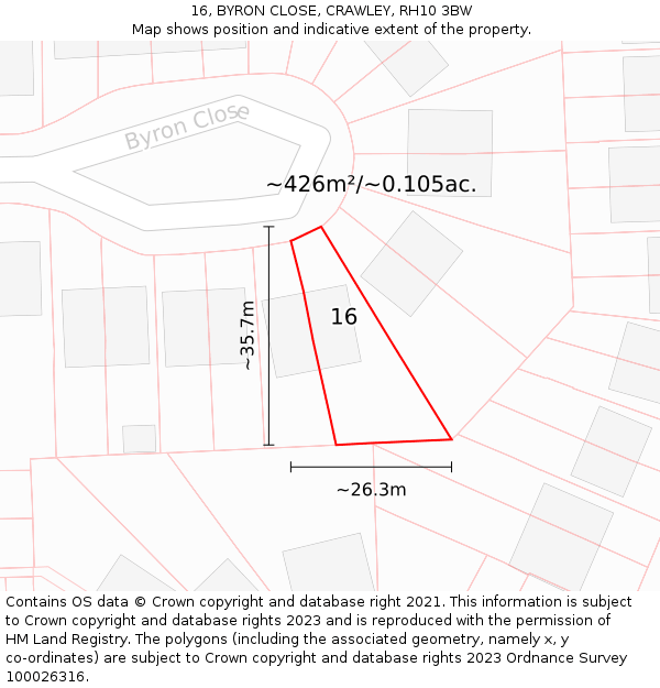 16, BYRON CLOSE, CRAWLEY, RH10 3BW: Plot and title map